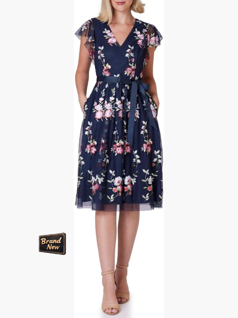 Flutter Sleeve V-Neck Midi Dress Fit & Flare Casual